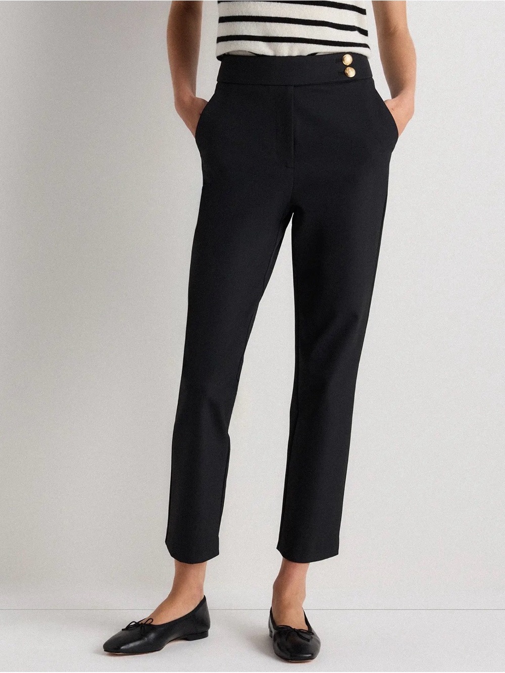 Quince Scuba Slim Ankle Pants True Black Gold Button Detail Size 8